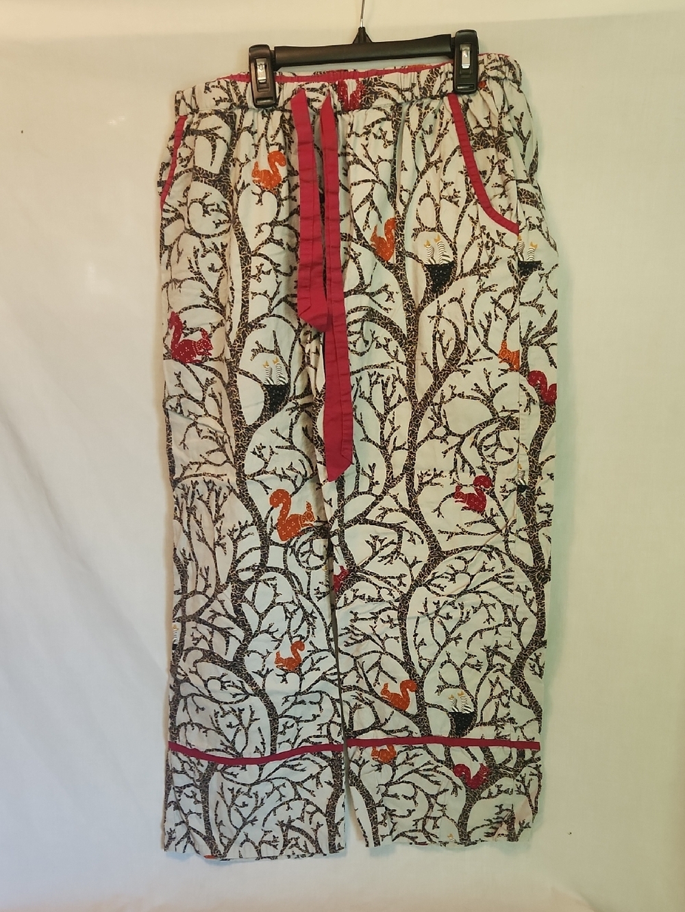 Womens Cream Tree & Bird Print Drawstring Skirt with Pink Trim